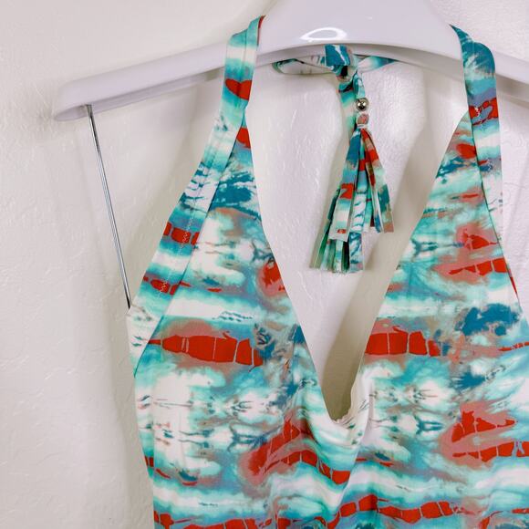 Isabella Rose Tie Dye High Leg Halter One Piece Swimsuit Turquoise Large NWT - Picture 4 of 12